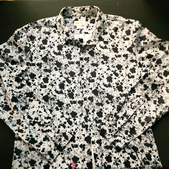 Open Edit Blk/Wht Artsy Splatter Print Long Sleeve Button-Up Long Hem Shirt Sz.L - Picture 10 of 12